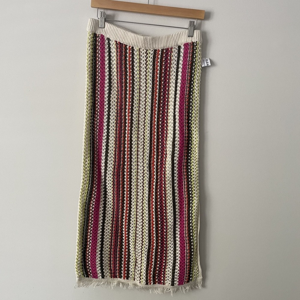 NWT Cotton Crochet Open Knit Midi Skirt Sz M Fringe Slit Festival Beach Cover Up